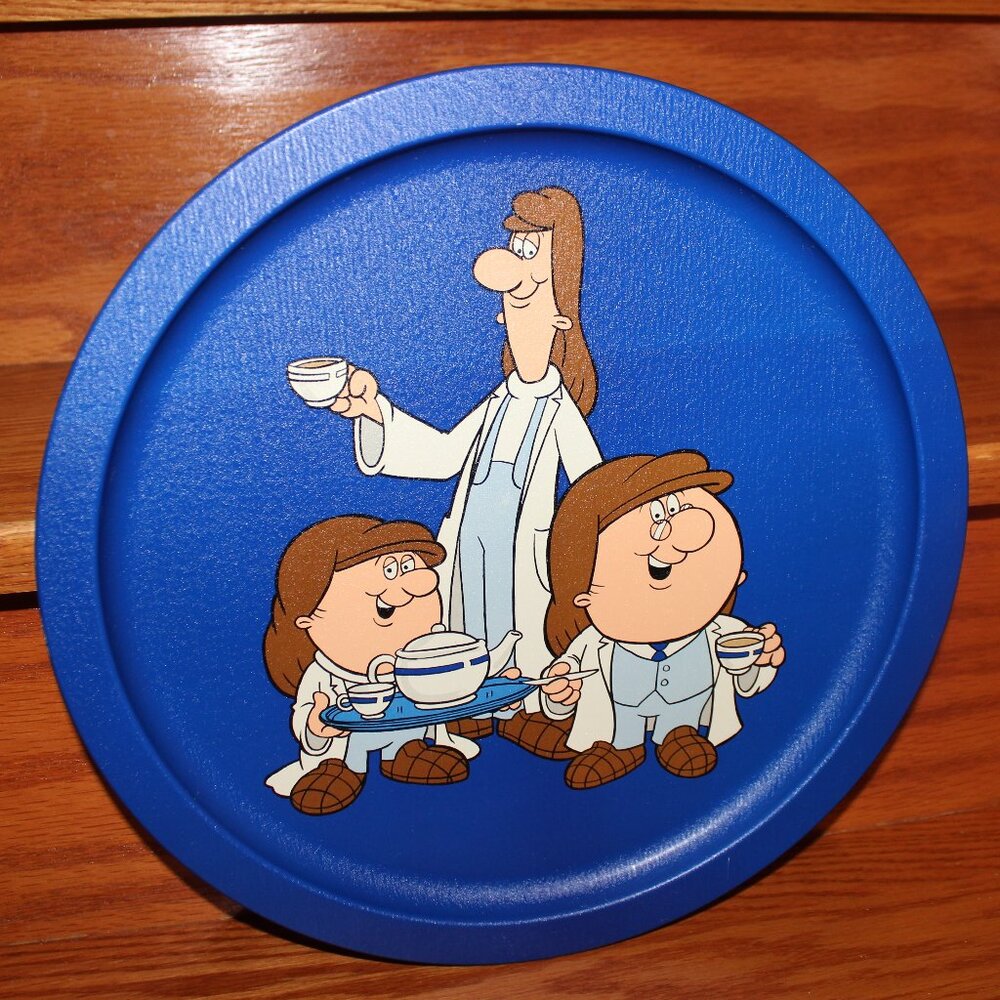 3/$77❤️vintage Tetley Tea Man Folk Art Cartoon Branded Round Metal Tray Taiwan